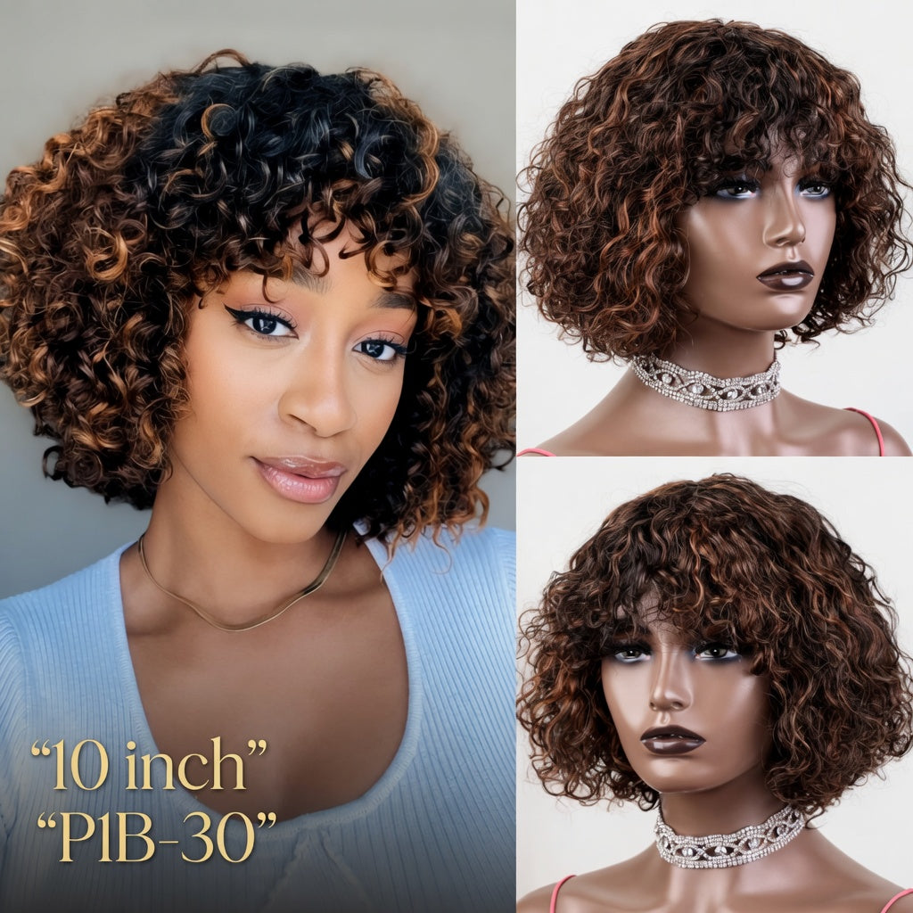 Perruque Pixie Bob Bouclée avec Frange – Cheveux Humains Honey Highlight