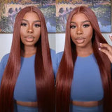Perruque Longue Lisse Lace Front Auburn Cheveux Humains