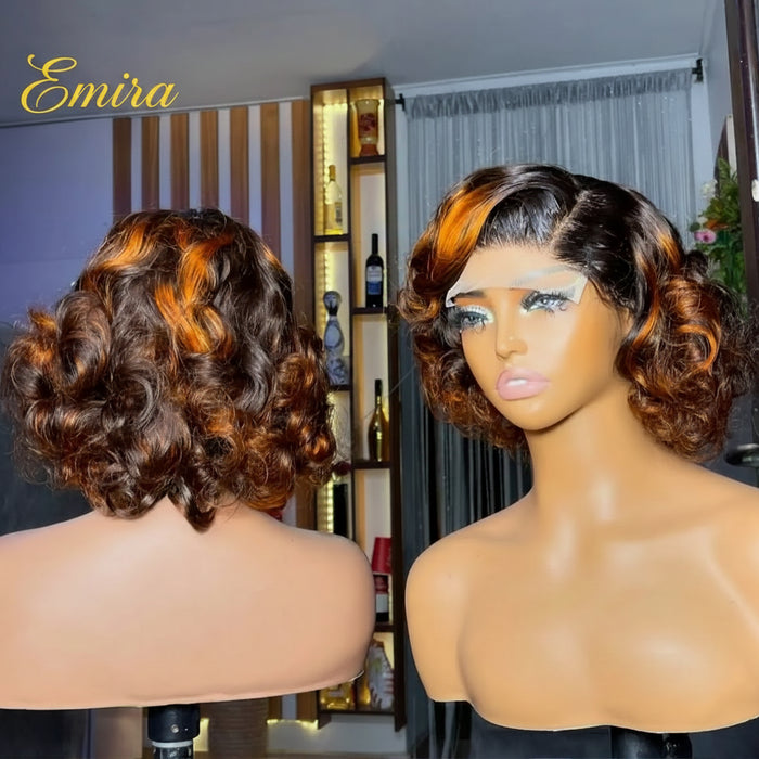 Perruque Courte Bouclée Lace Front Mèches Caramel