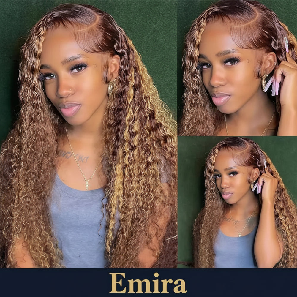 Perruque Longue Bouclée Lace Front HD Mèches Miel — 100% Cheveux Humains
