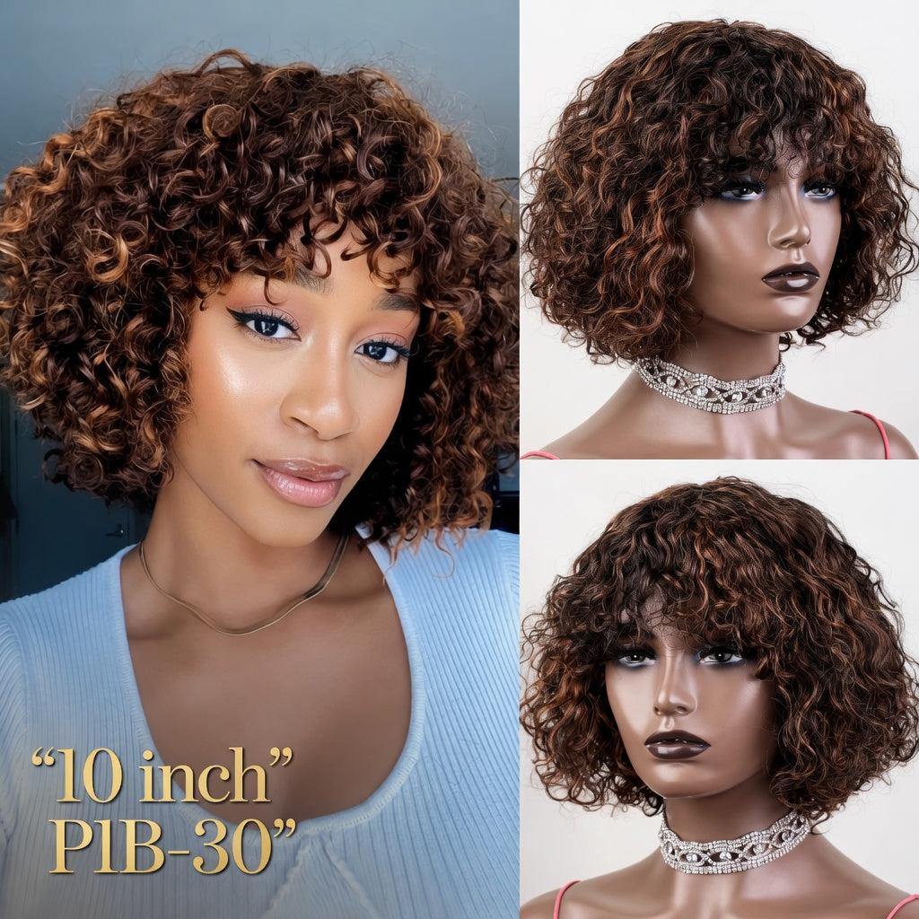 Short Pixie Bob Curly Wig with Bangs – Honey Highlight Human Hair