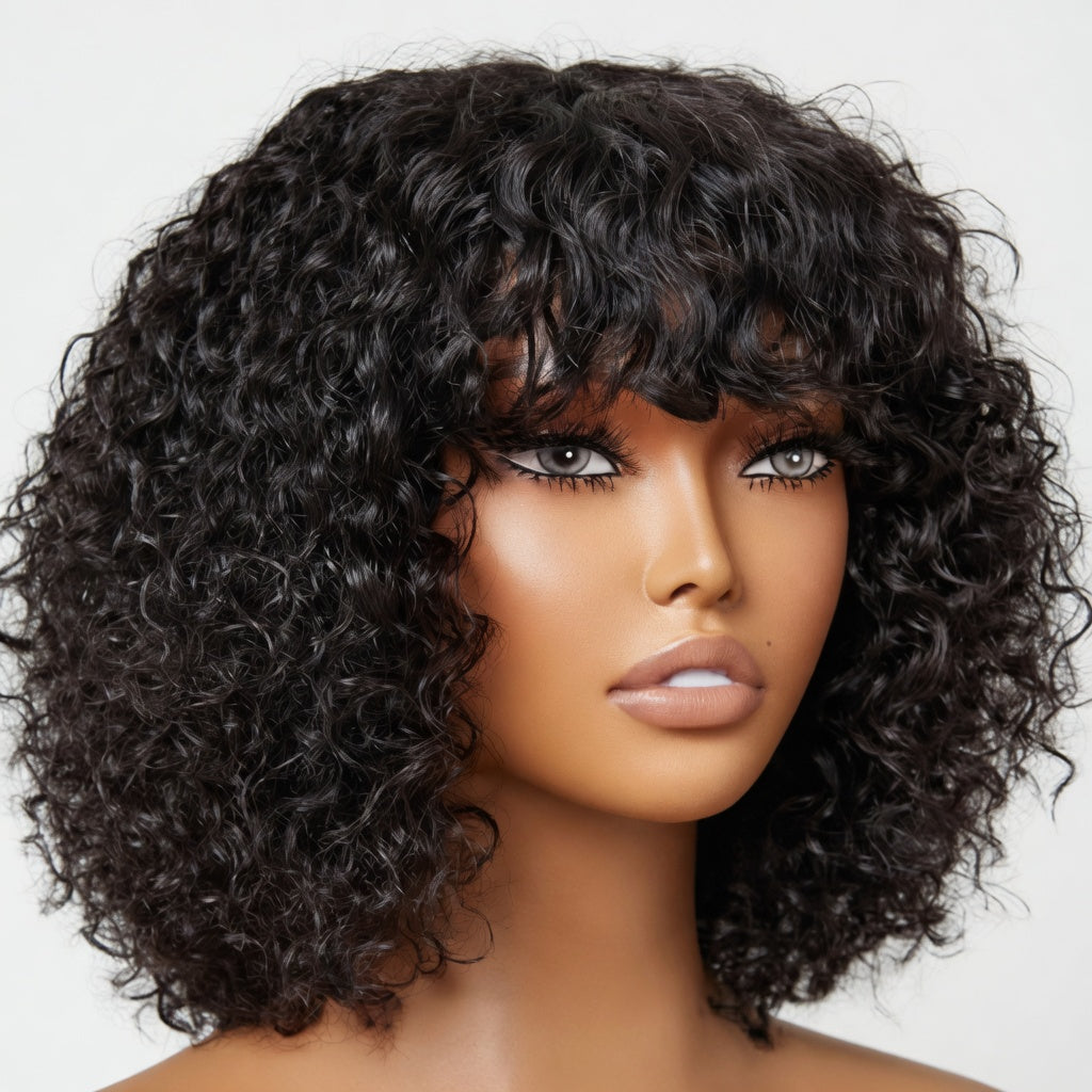 Short Pixie Bob Curly Wig with Bangs – Honey Highlight Human Hair