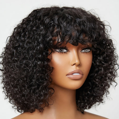 Short Pixie Bob Curly Wig with Bangs – Honey Highlight Human Hair
