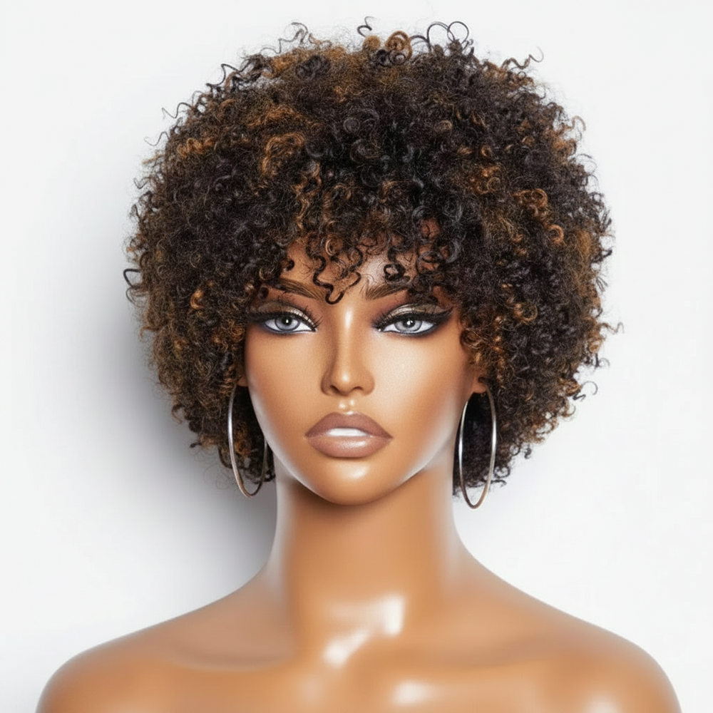 Perruque Pixie Afro Curly Reflets Châtain