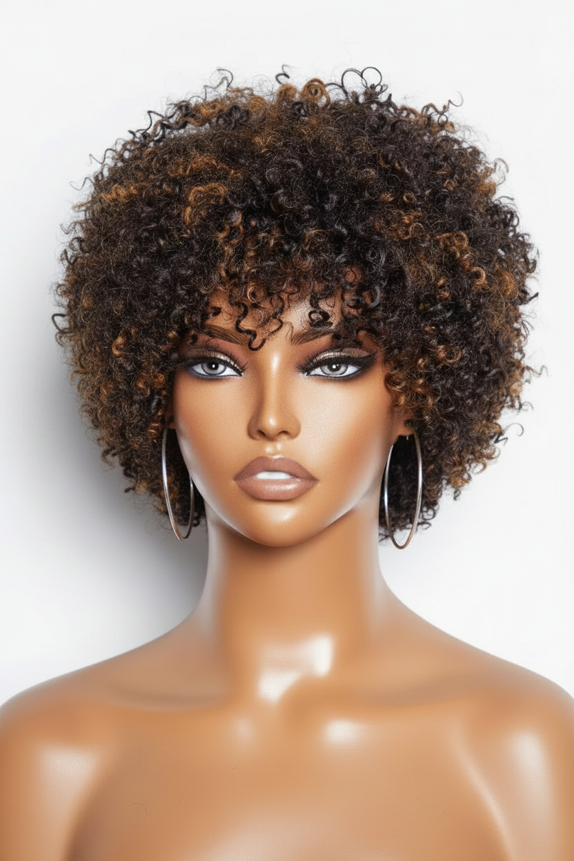Perruque Pixie Afro Curly Reflets Châtain