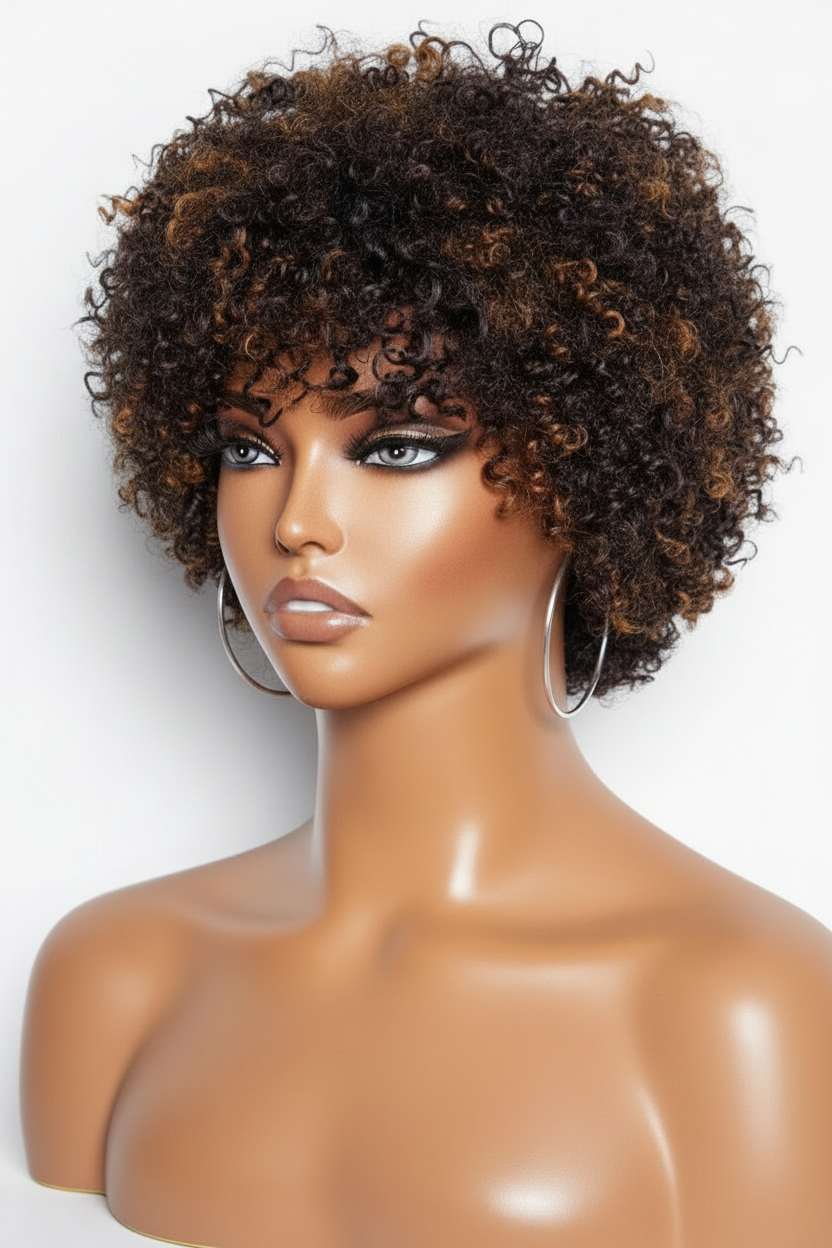 Perruque Pixie Afro Curly Reflets Châtain
